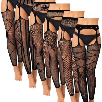 6 Pairs Women Fishnet Footless Tights High Waist Suspender Pantyhose Garter B...